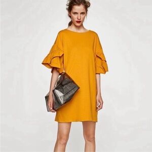 ZARA trafaluc Mustard Ruffle Sleeve Dress